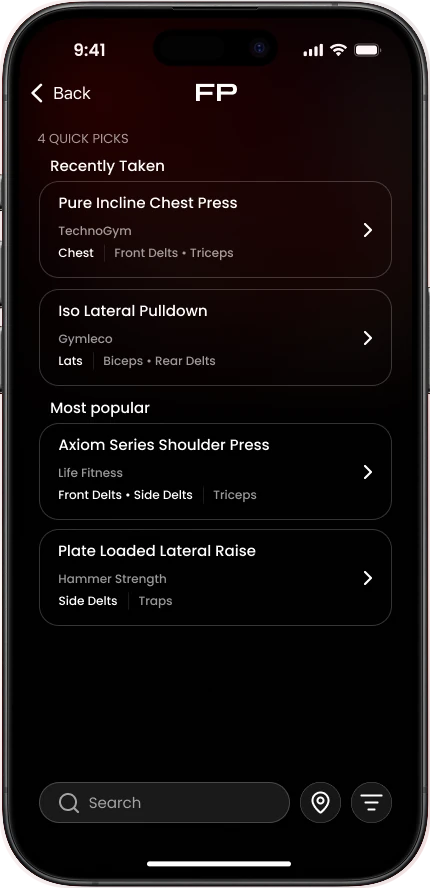 Exercise picker showing recently used machines from TechnoGym and Gymleco, and popular ones from Life Fitness and Hammer Strength