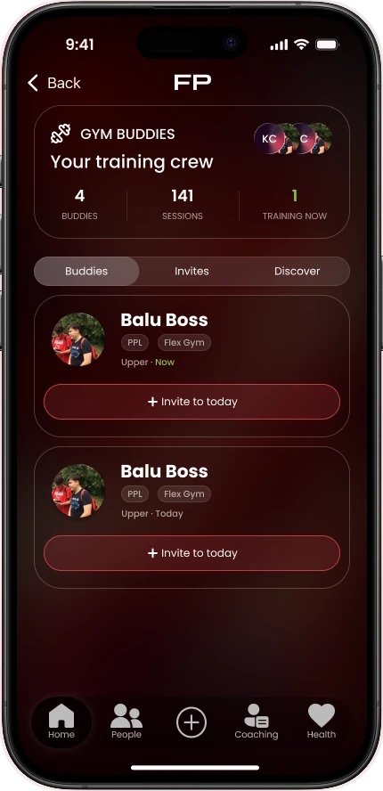 Gym Buddies screen: your training crew with 4 buddies, 141 sessions and 1 training now, and a buddy on a PPL split at Flex Gym with an Invite to today button