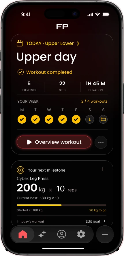 Home screen with the next milestone: Cybex Leg Press, 200 kg for 10, current best 180 kg for 10, 20 kg to go
