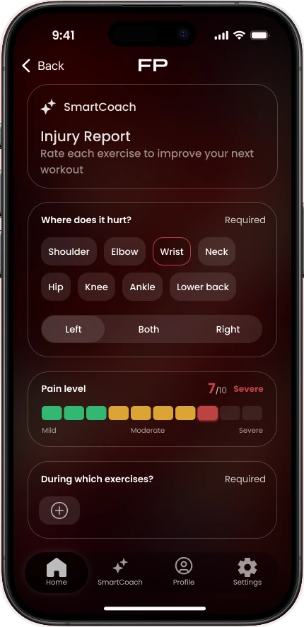 SmartCoach injury report: wrist selected, left side, pain level 7 out of 10, severe, and a field to add the exercises where it hurt